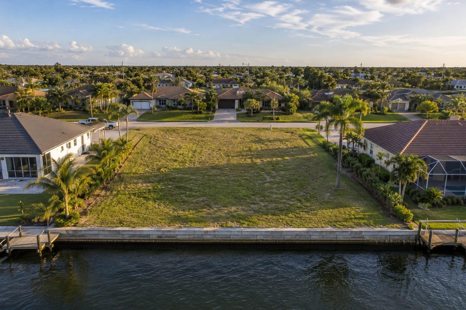 Aerial view of a vacant waterfront lot beside calm Florida water at golden hour